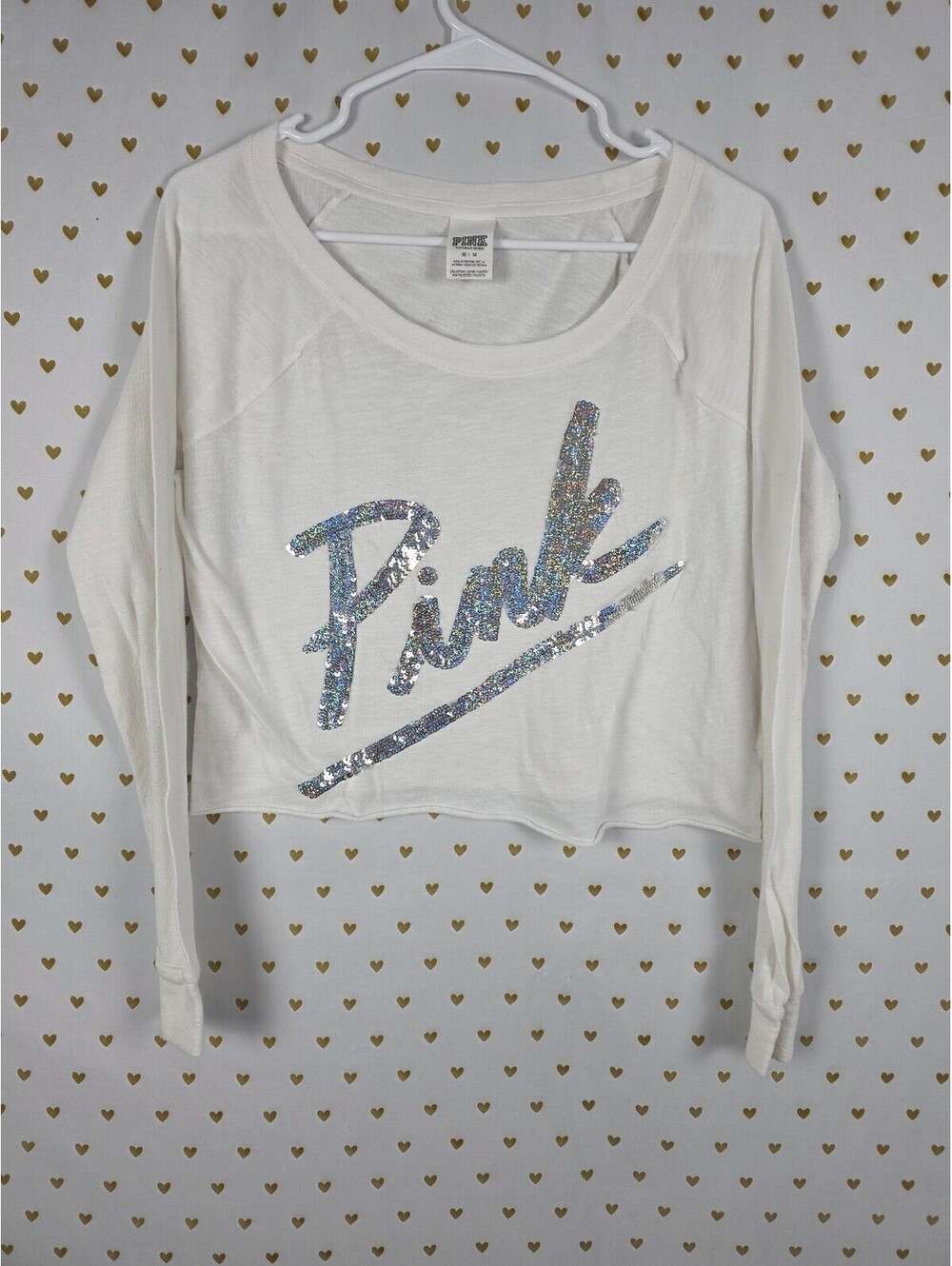 Victorias Secret PINK Cropped Bling Sequined Long Sleeve Tee shirt Logo Medium